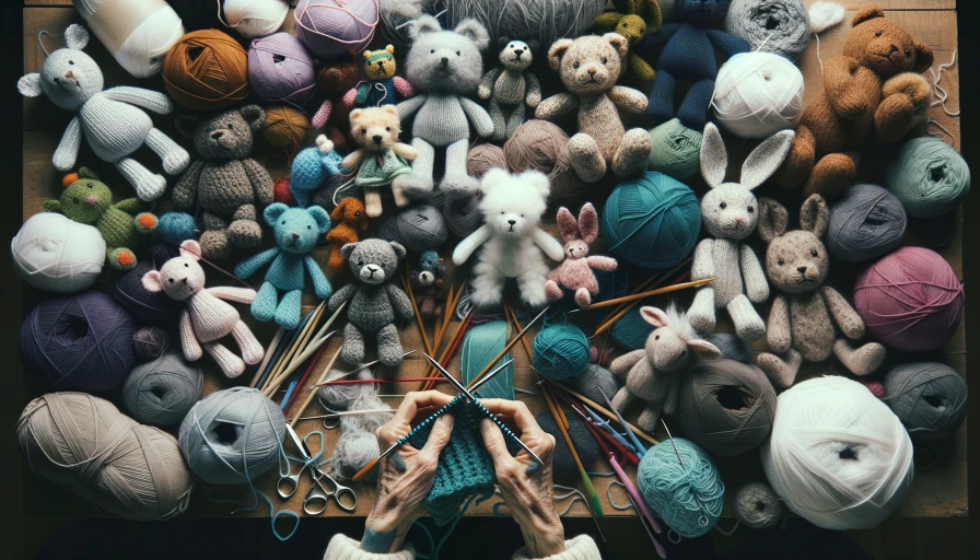 photo of knitting a stuffed animal toys, messy