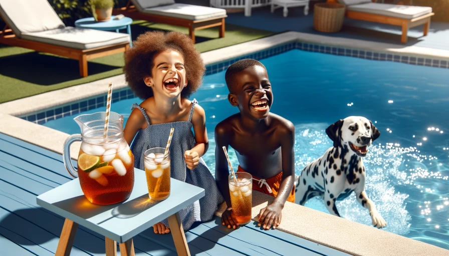 Dogs swimming in a swimming pool. Sun should be bright. Hot weather. Iced Tea. 2 kids laughing at and playing