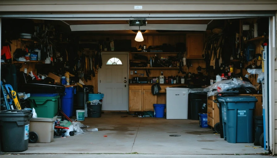 Photo of a messy garage, lighting should be bright white