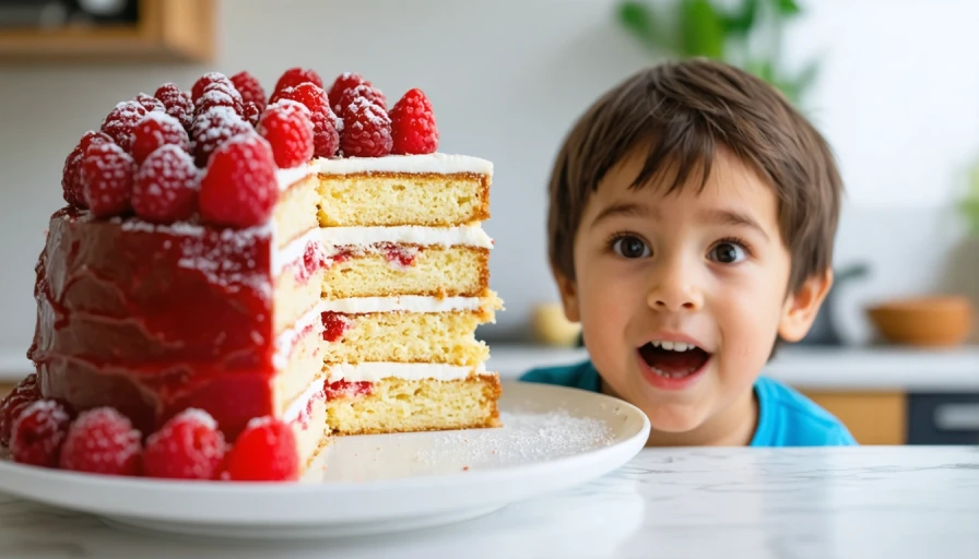 A huge piece of cake and a child behind it staring with glee ready to eat the cake