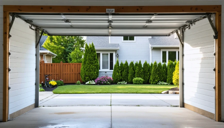 An open garage in the suburbs