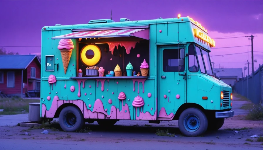 A creepy demented looking ice cream truck, dark purple sky, cartoon-like, kids, street, neigborhood