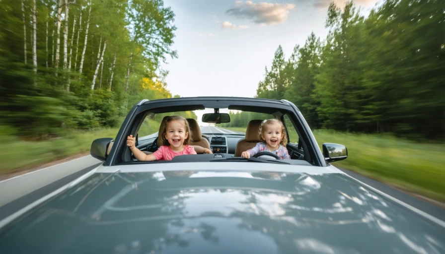 A photo of a family driving down the road to a vacation desitination with very bored expressions