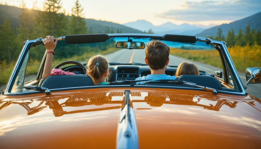 A photo of a family driving down the road to a vacation desitination with very bored expressions