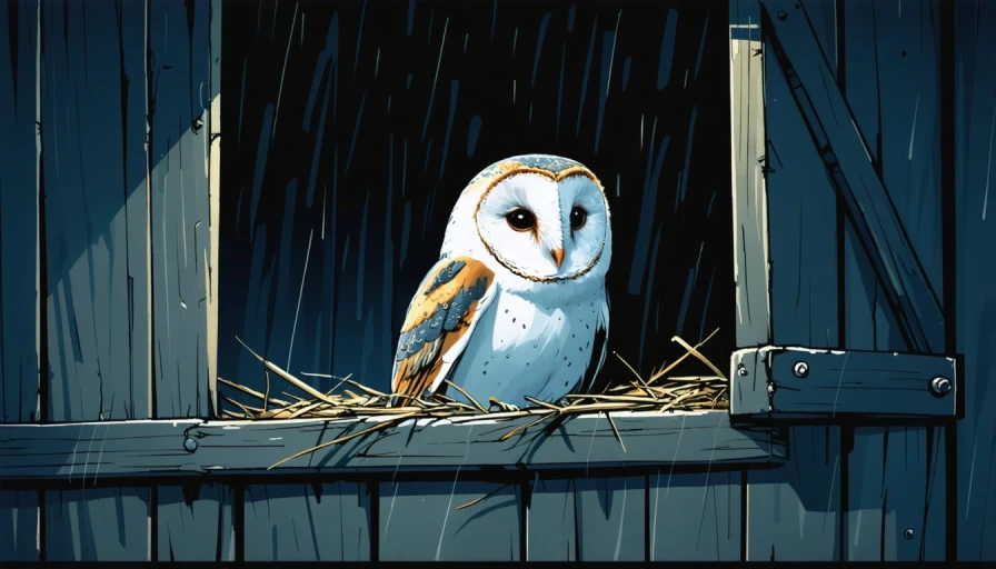 A cartoon barn owl nested up in a barn on a dark stormy night