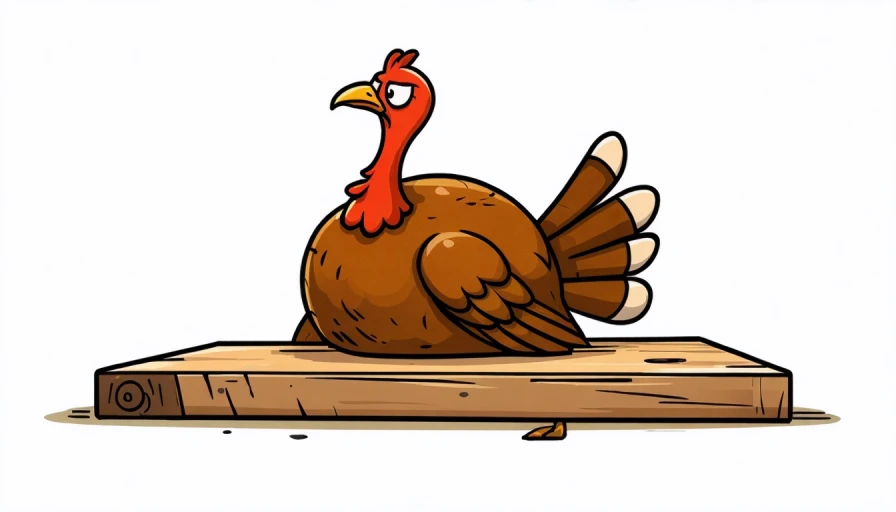 a cartoon image of a turkey, afraid, head on a chopping block, dead bloody turkey bodies spread around